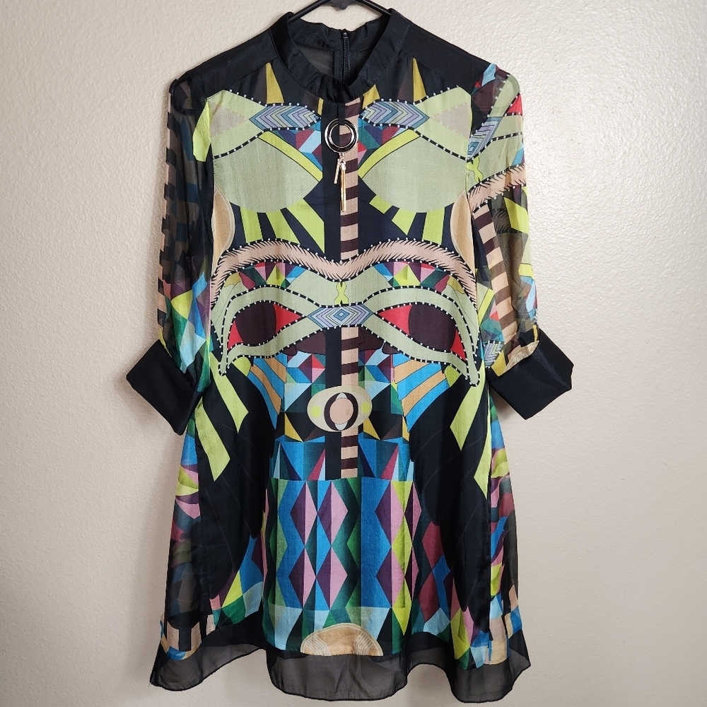 100% Silk Womens |M| Abstract Print Tunic w/Sheer 3/4 Sleeves
